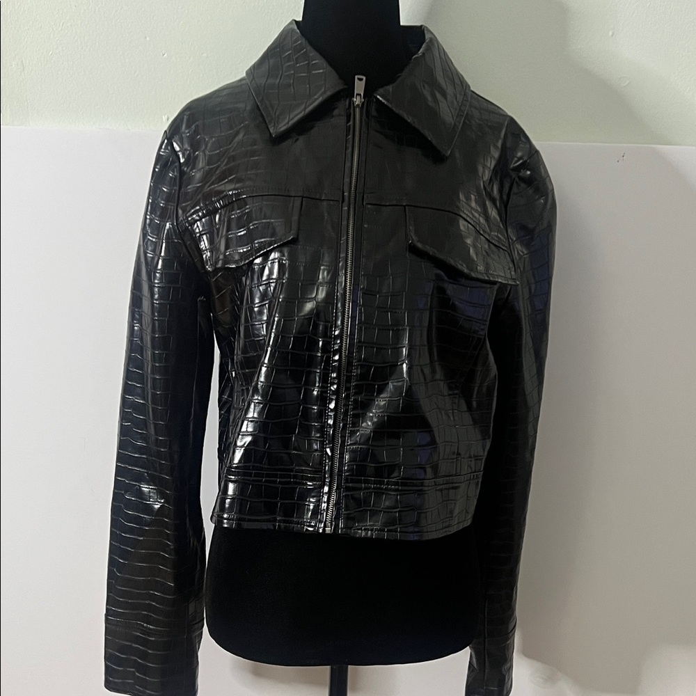 JASON WU FAUX CROC EMBOSSED BLACK CROPPED JACKET SIZE M